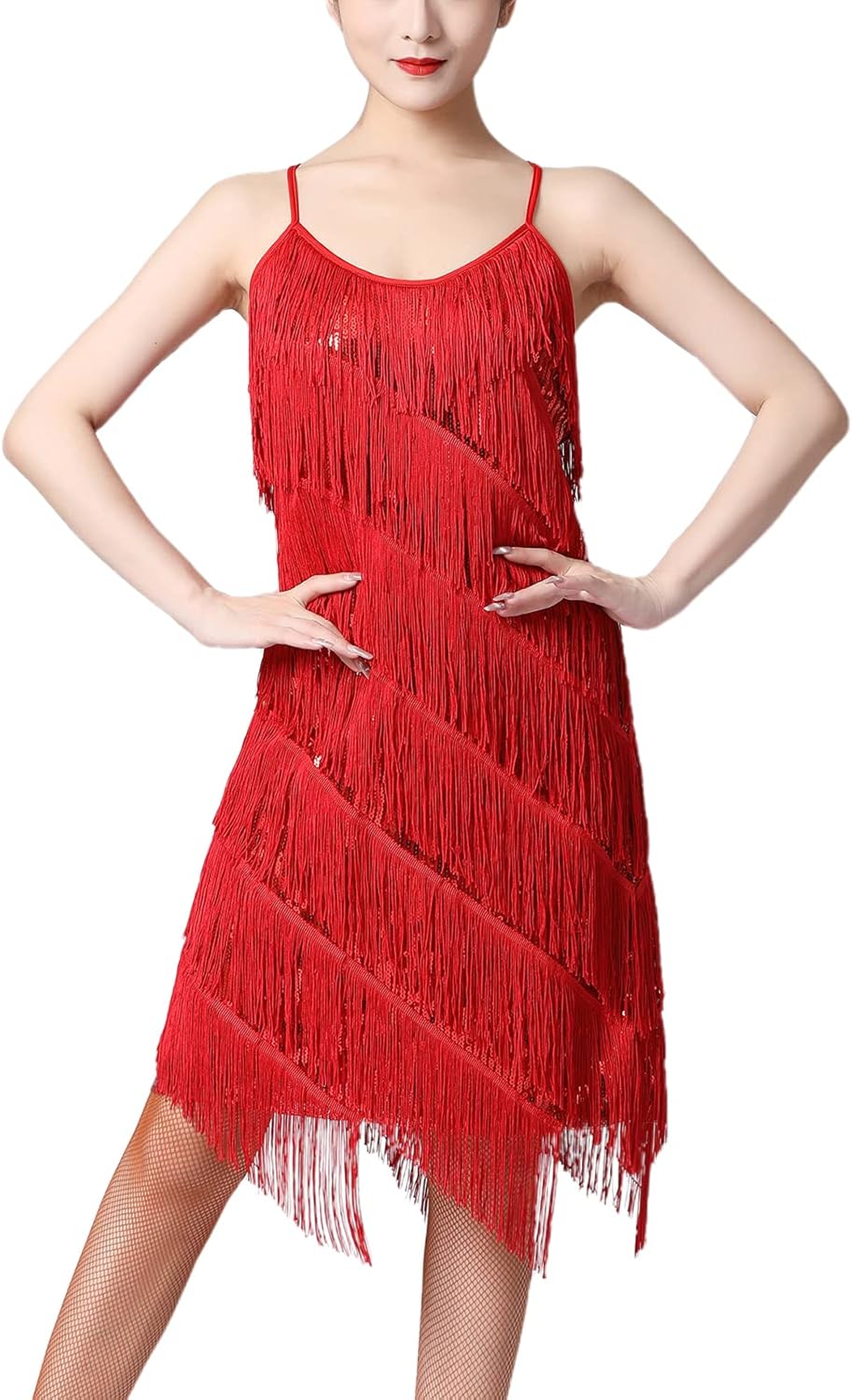 Women Salsa Latin Dance Dress with Sequin Tassel Fringe Style