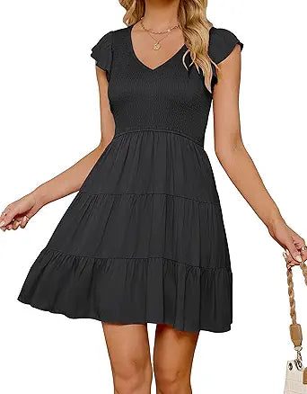 ZESICA Womens Summer Casual V Neck Flutter Sleeve Mini Dress