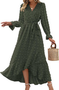 Long Sleeve Maxi Dresses for Women V Neck Swiss Dot Boho - Flowy Fit