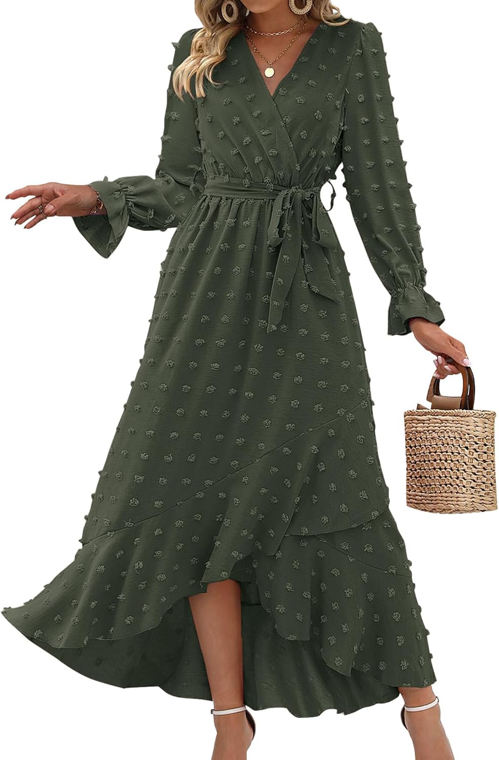 BTFBM Long Sleeve Maxi Dresses for Women V Neck Swiss Dot Style