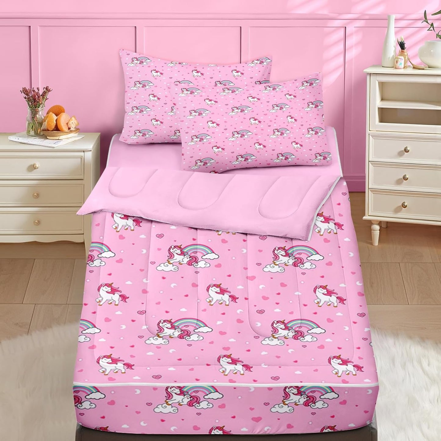 Nesker Zipper Bedding Twin Cute Pink Unicorn Zip Up Set for Kids