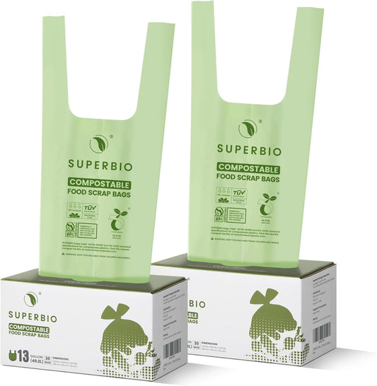 Superbio 13 Gallon Compost Bags. Handle Tie, Compostable, Industrial Certified