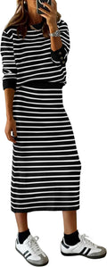 Women Two Piece Skirt Set - Striped Sweater Midi Knit Outfit