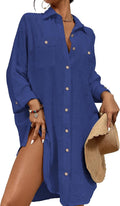Womens Linen Texture Beach Cover Up Shirt Dress - Short Front, Long