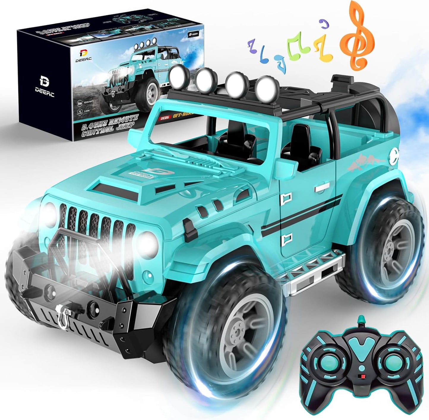 DEERC 1:16 RC Truck - Fog Mist & Music, 2 Batteries, All Terrain Fun
