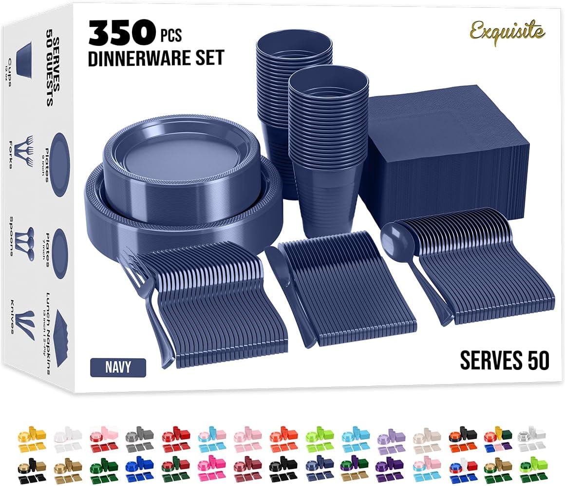 350 Pcs Navy Plastic Plates Set for Parties and Gatherings