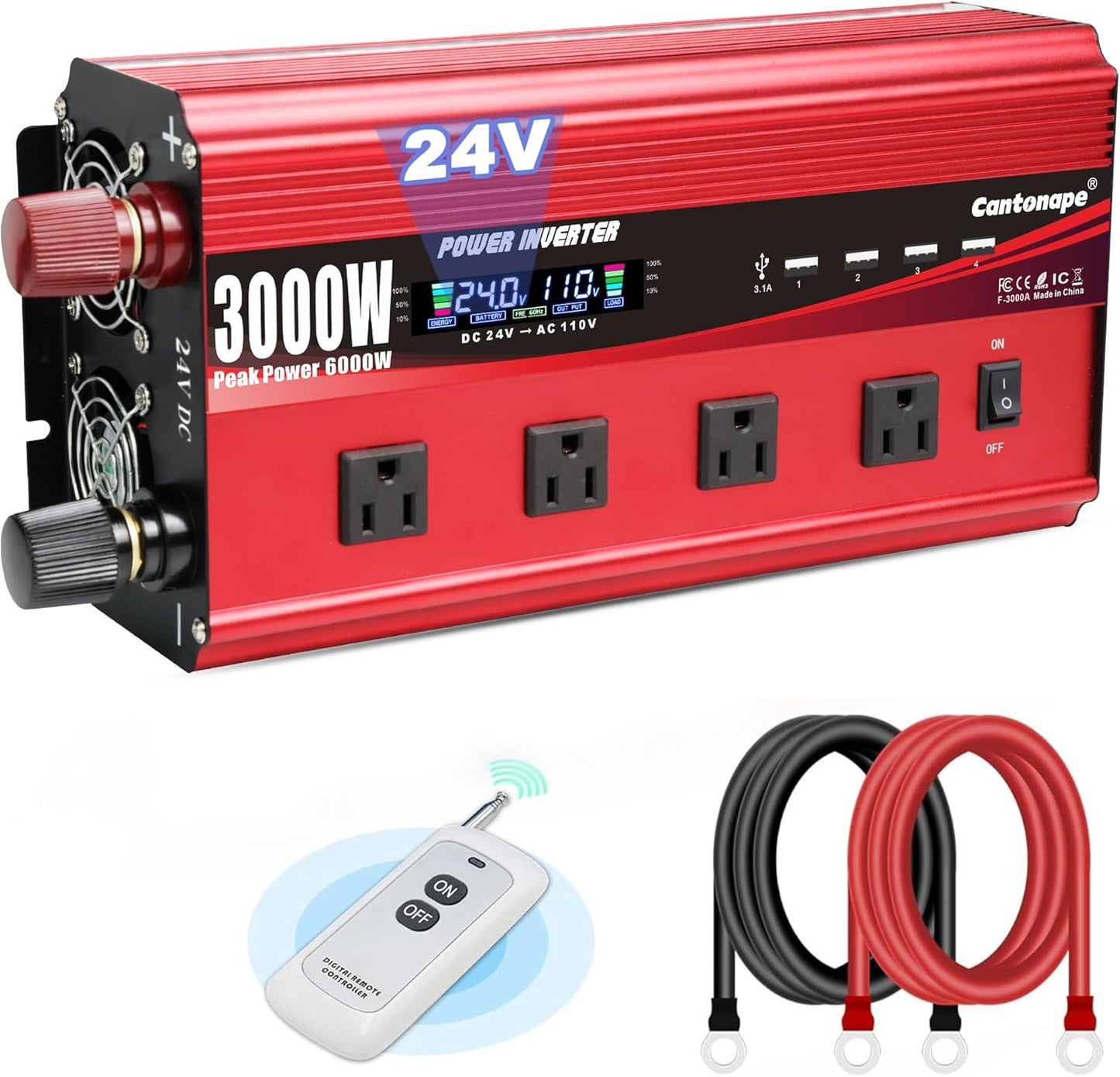 3000W Power Inverter 24V to 110V/120V with LCD Display