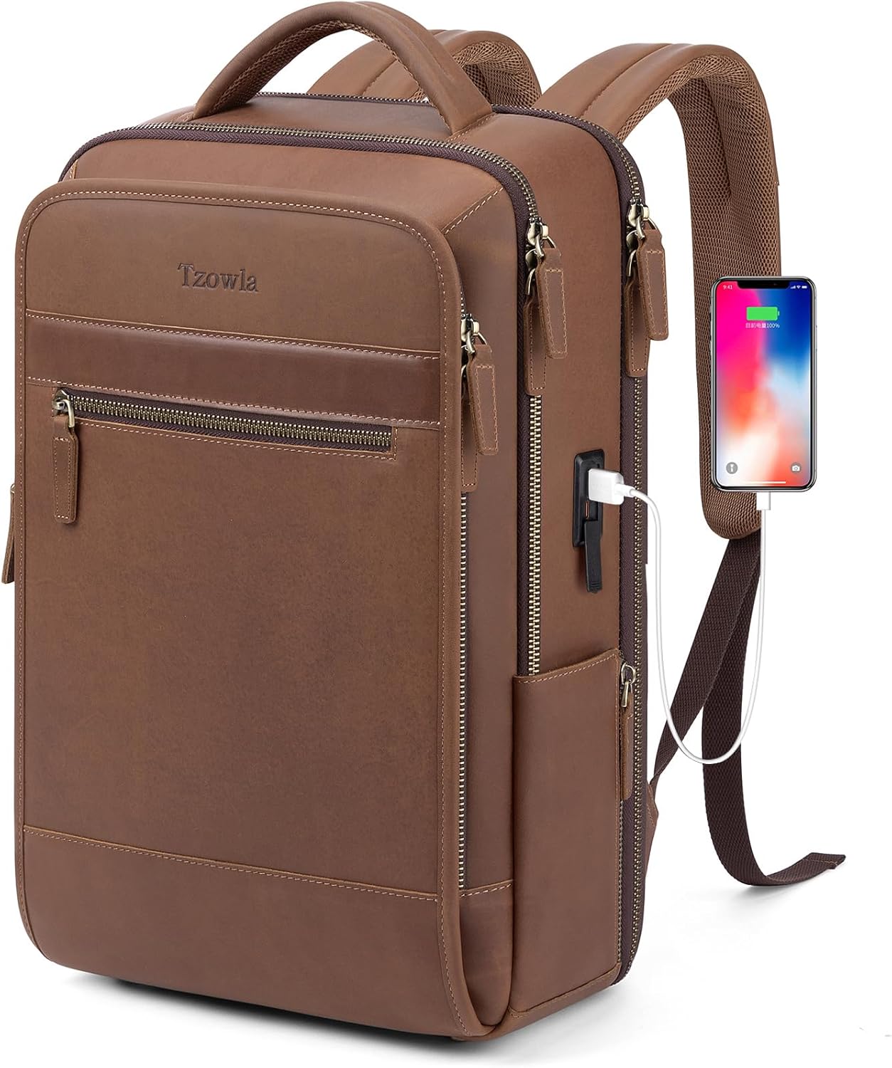 Tzowla Leather Laptop Backpack for Business Travel and Work