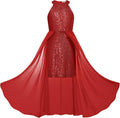 Girls Halter Neck Sequin Dress 6-14Y - Sparkly Chiffon Layered Style )