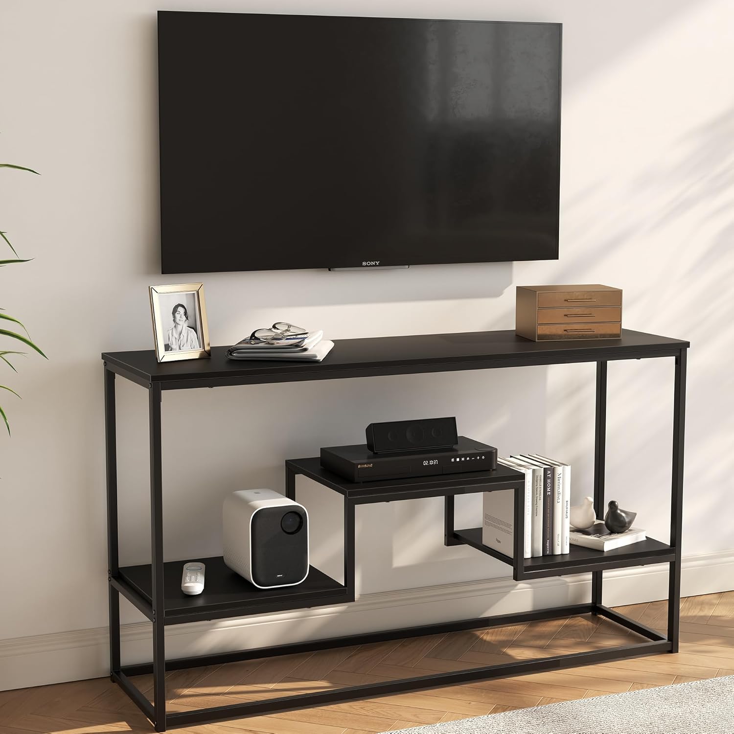 Modern Black TV Stand, 3-Tier Storage, YOUDENOVA