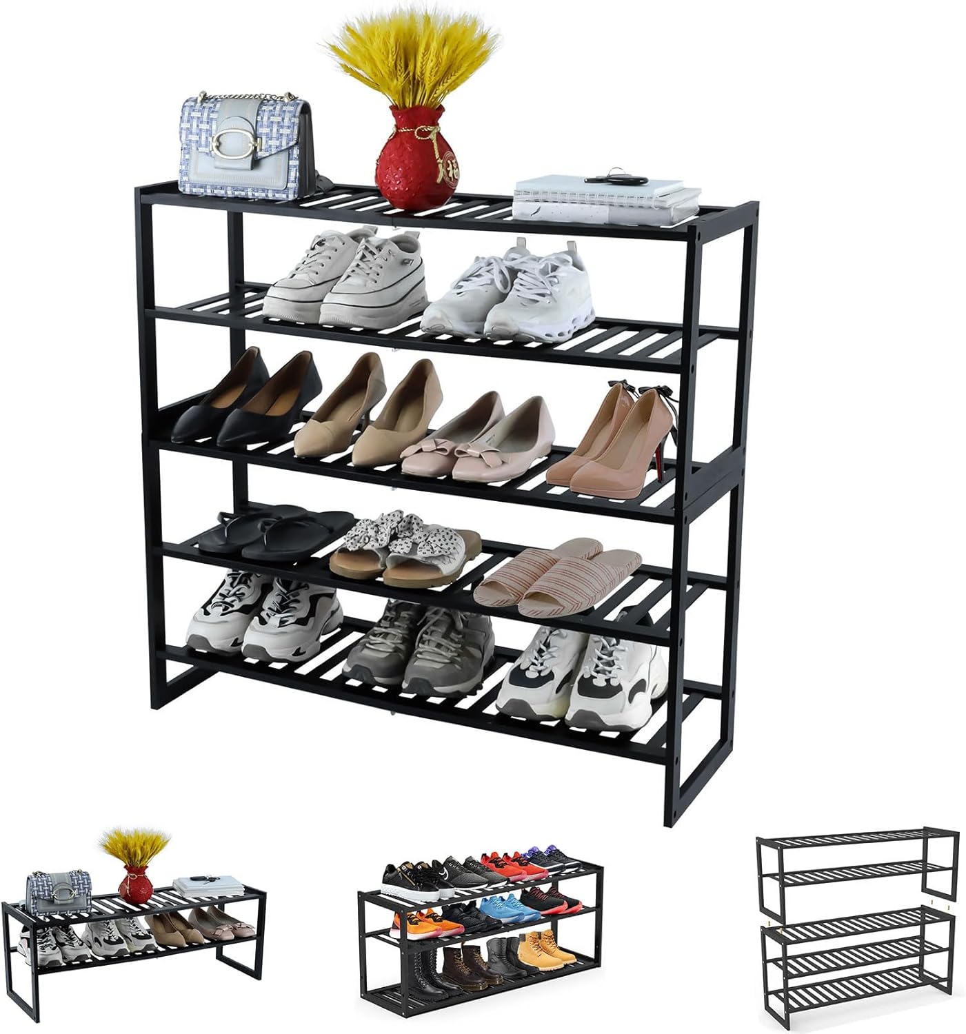Bamboo 5 Tier Shoe Rack Organizer for Closet Entryway Storage
