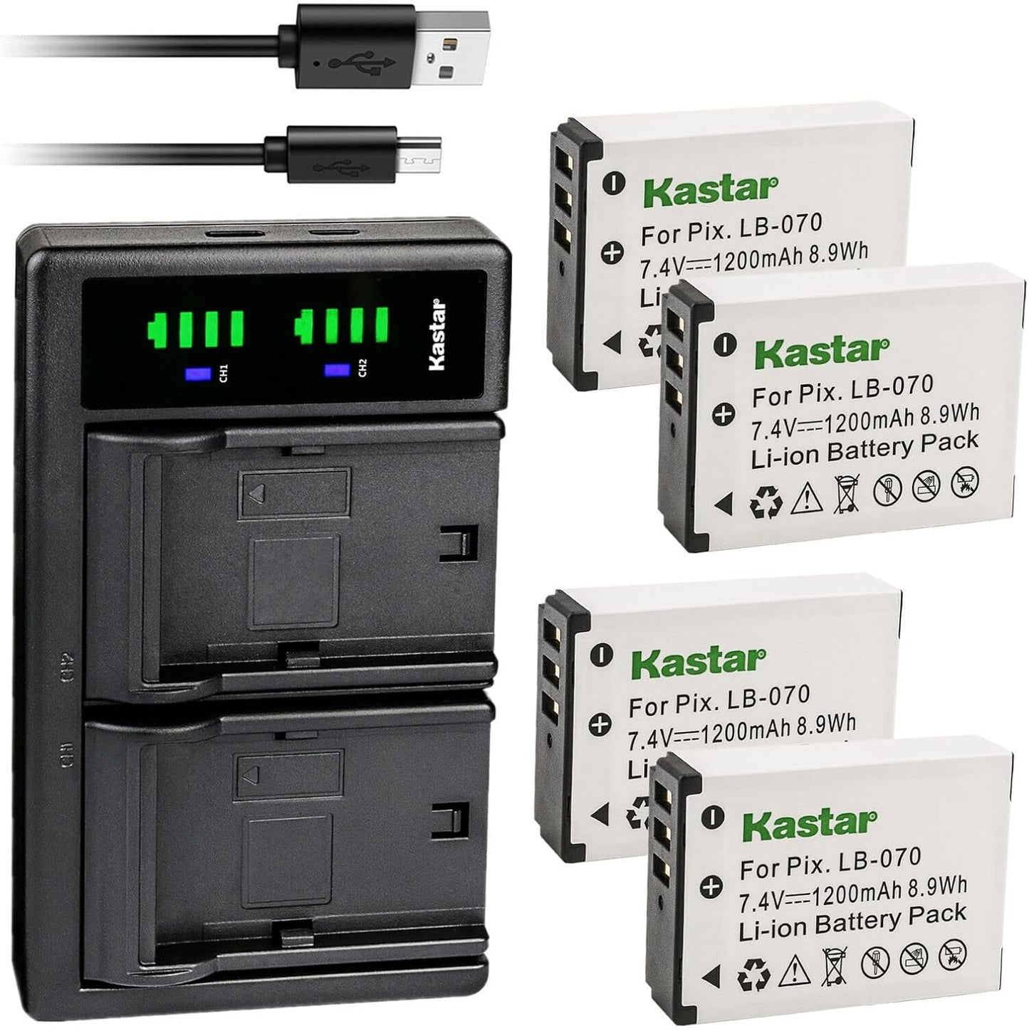 Kastar 4-Pack LB-070 Battery and USB Charger for Kodak Cameras