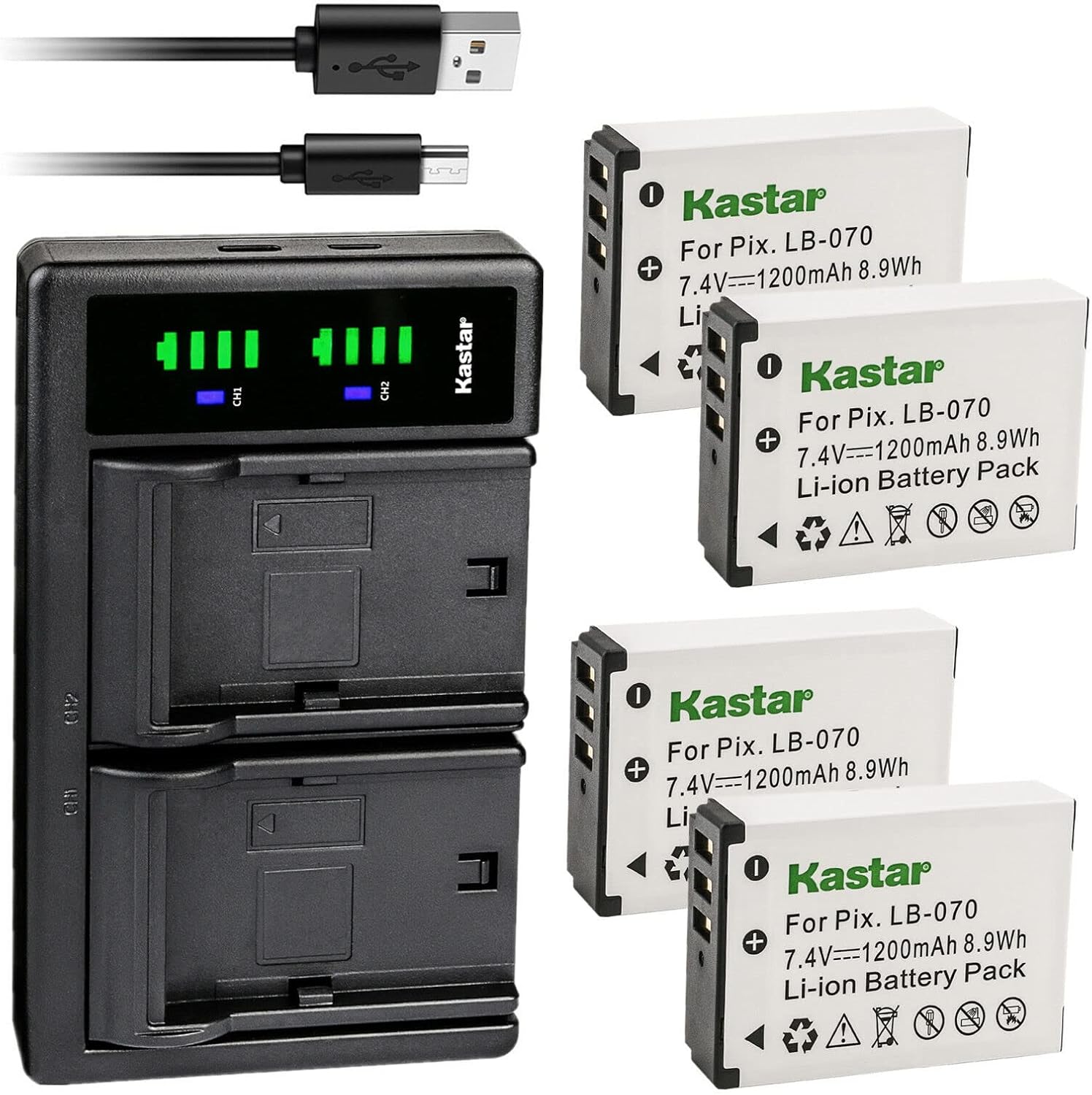 Kastar 4-Pack LB-070 Battery and USB Charger for Kodak Cameras