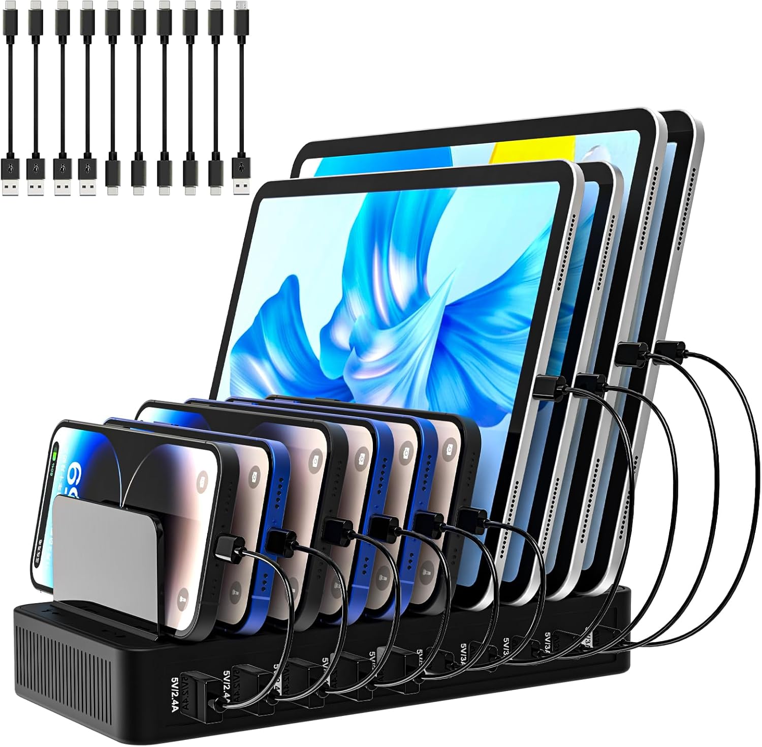 10-Port Charging Station for Multiple Devices with Smart IC Tech