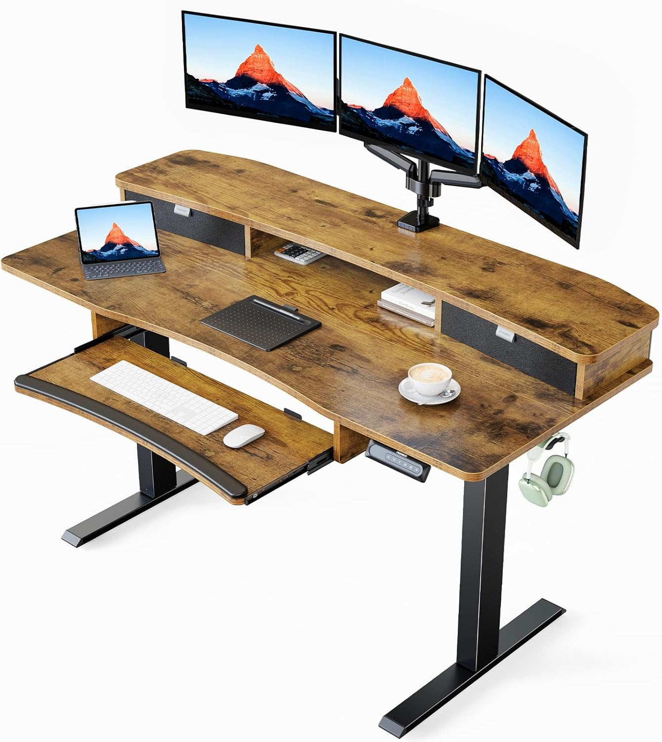 Adjustable Electric Standing Desk with 2 Drawers & Keyboard Tray - C-Clamp Mount Compatible