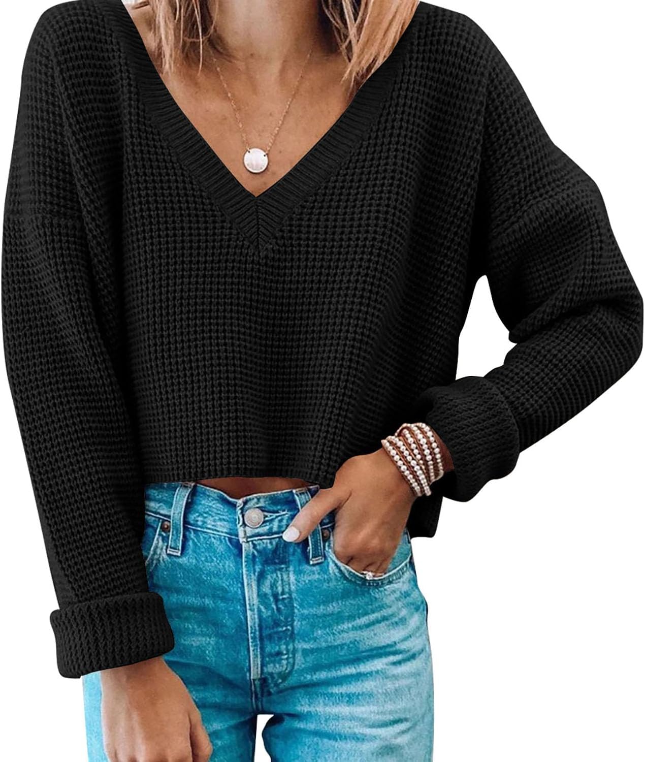 Waffle Knit Cropped Top for Women - Stylish V Neck Pullover