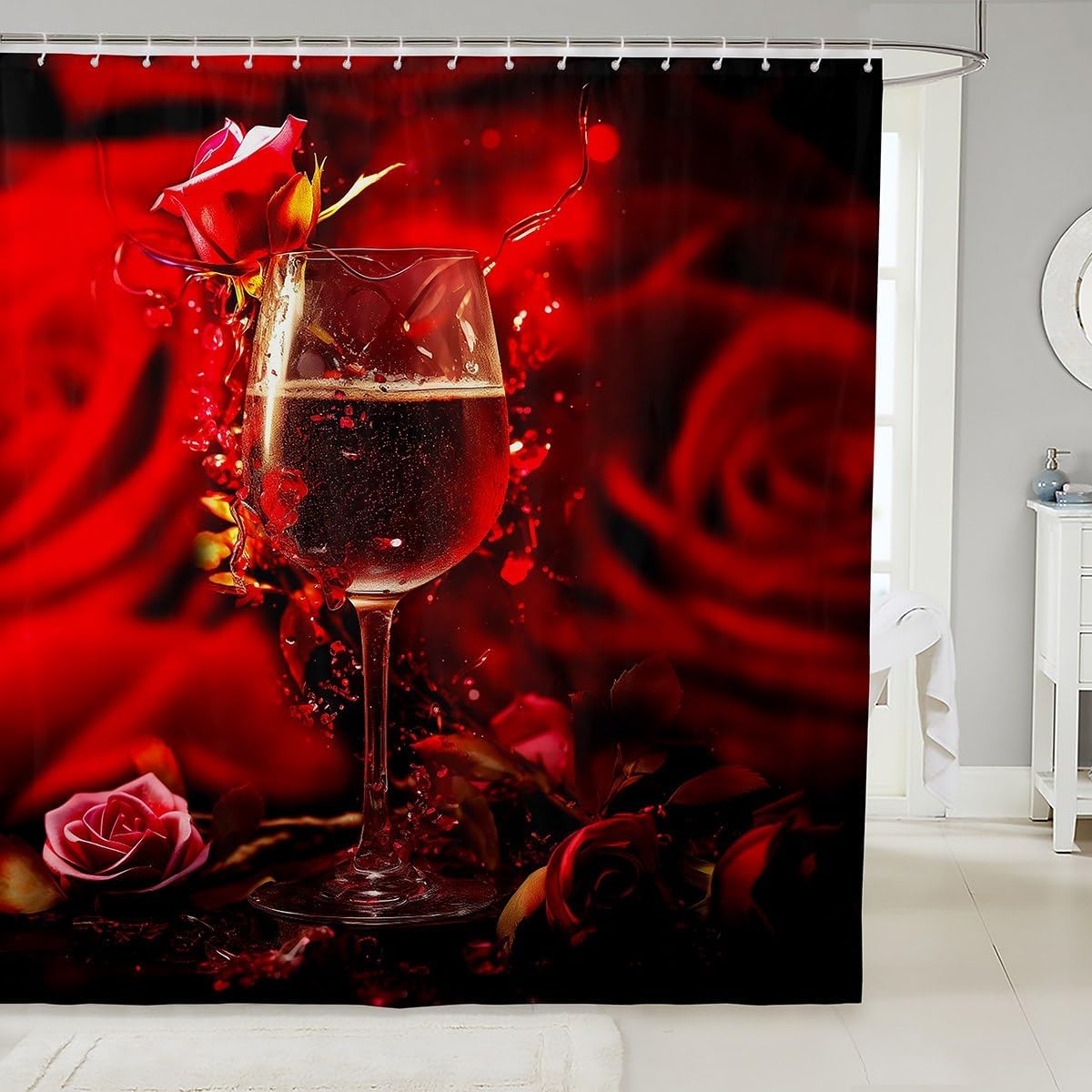Erosebridal Red Rose Wine Glass Shower Curtain - Romantic Valentine's Day Gift