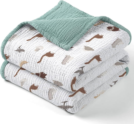 Lulu moon Muslin Baby Blanket - Soft Cotton Quilt for Toddlers 47x47(Sage Dinosaur)