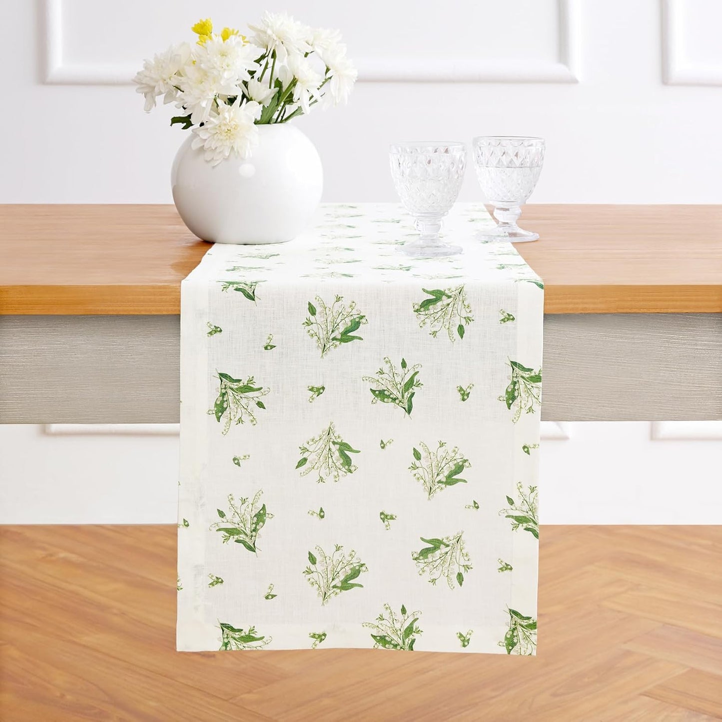 Lily Floral Print Table Runner - 100% Pure Linen 14 x 72 Inch