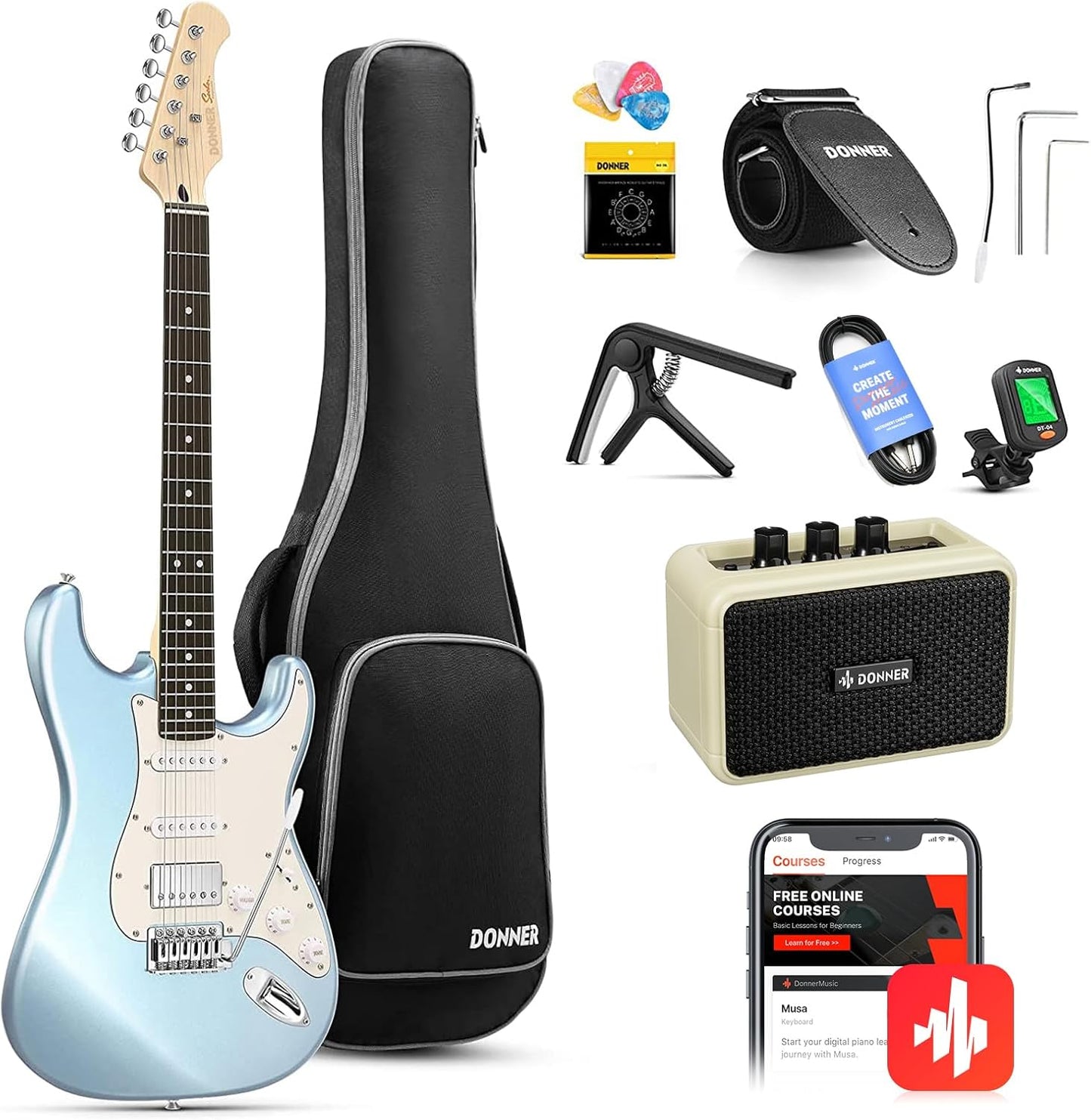 Beginner Electric Guitar Kit with HSS Pickup, Metallic Ice Blue