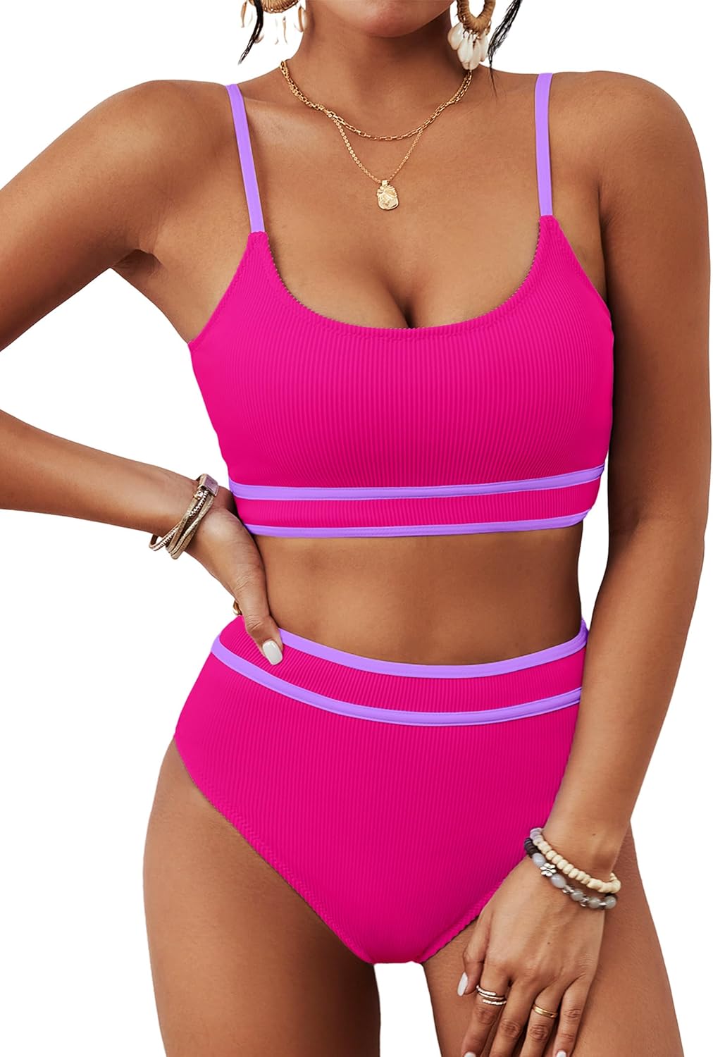 BMJL Women's High Waisted Bikini Ribbed Two Piece Swimsuit