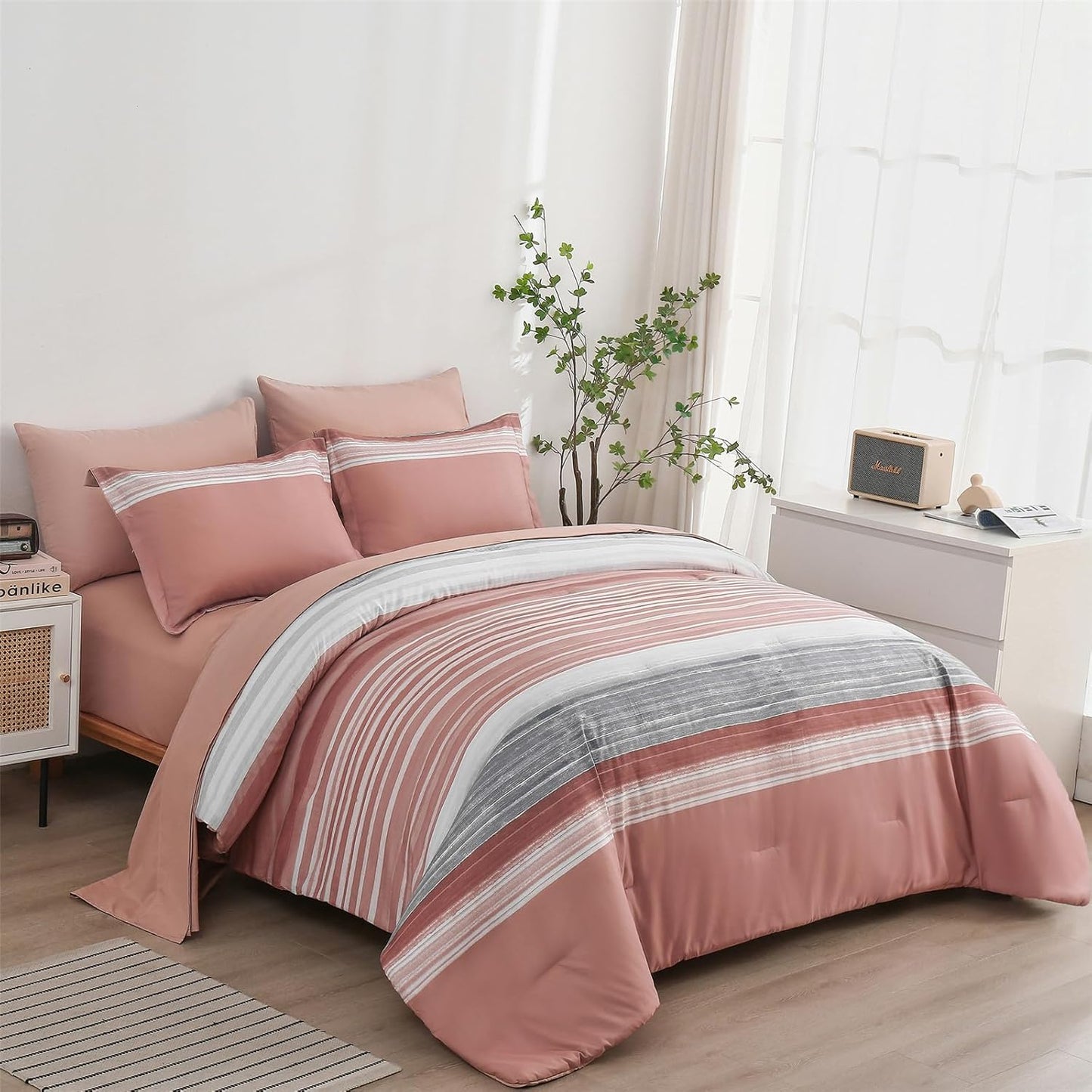 KAKIJUMN Twin Size 5 Piece Bed in a Bag Stripe Comforter Set