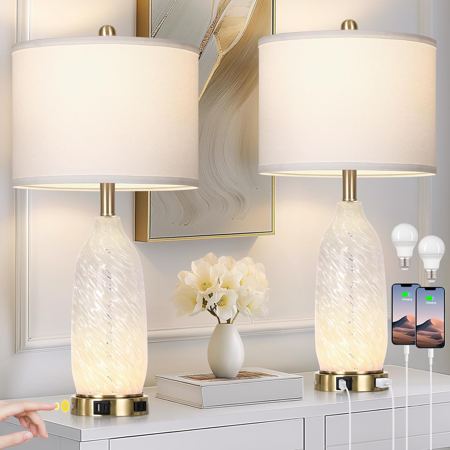 26 Inch Modern Clear Glass Table Lamps Set with USB Ports