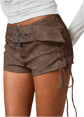 Floerns Faux Leather Lace Up Side Low Rise Mini Shorts - Y2K Western