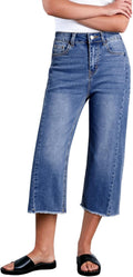 Women's High Waisted Capri Jeans Wide Leg Raw Hem - Zimbaplatinum