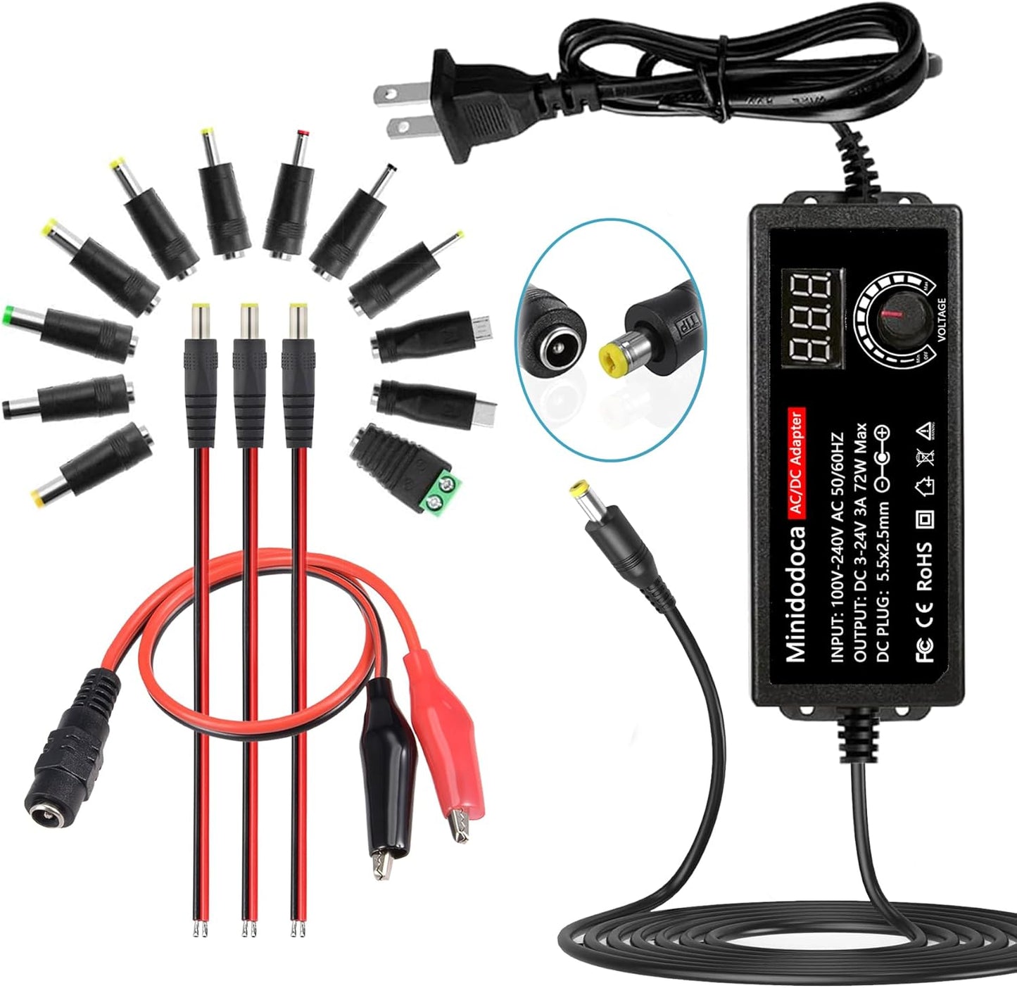 Versatile 72W AC/DC Adapter - Adjustable Voltage, 16 Tips