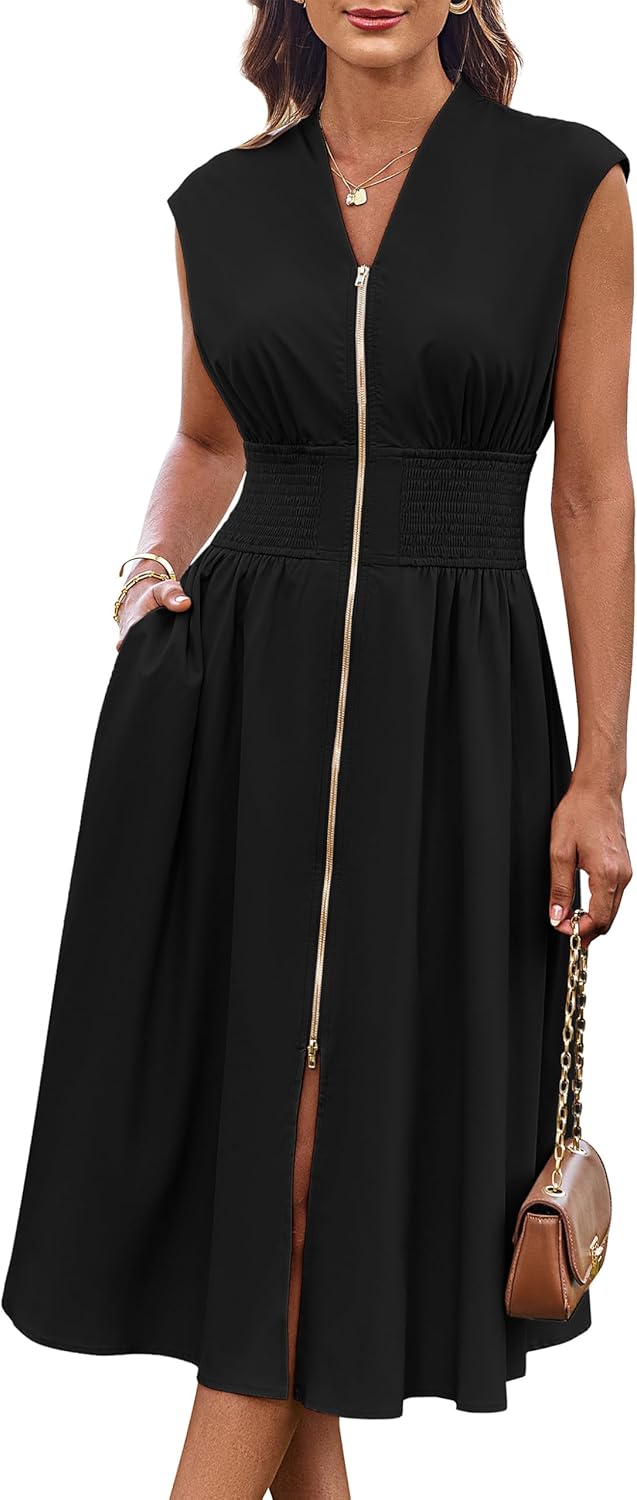 Womens Summer Casual Dress with Pockets and Zipper Front