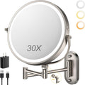 9 in Wall Mounted Lighted Makeup Mirror - Rechargeable 30X Magnifier