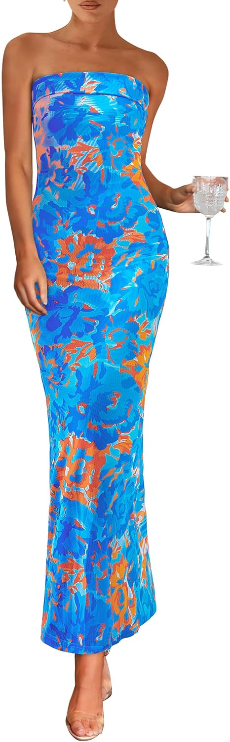 Womens Summer Printed Tube Maxi Dress for Elegant Nights