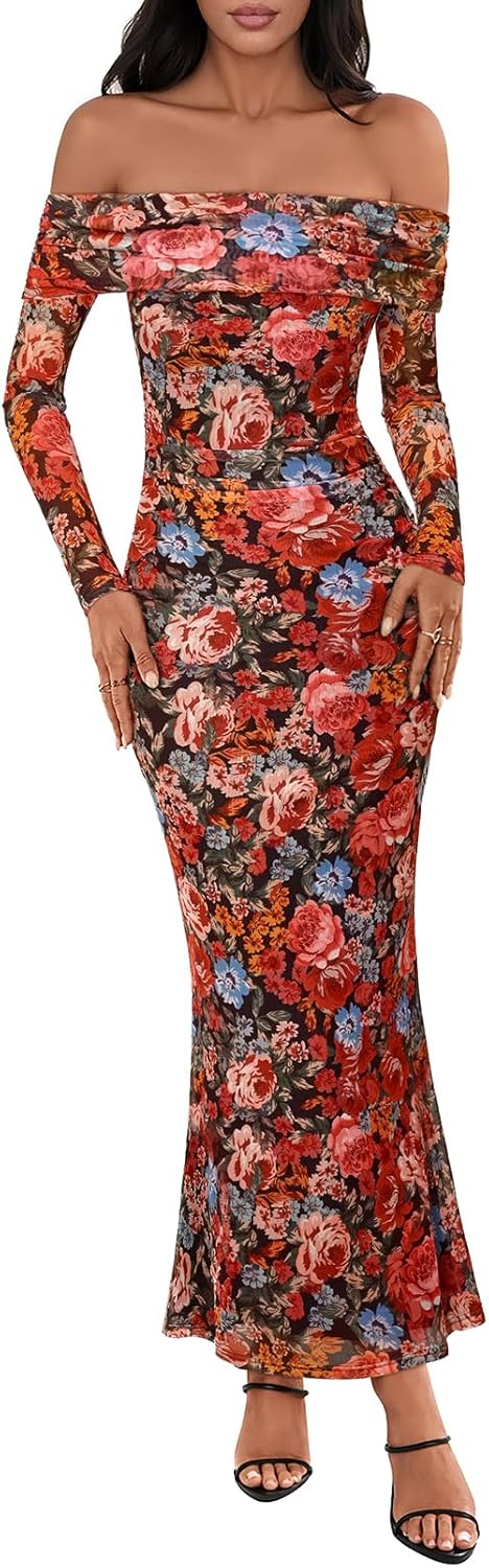 Stylish MEROKEETY Women's Off Shoulder Floral Maxi Dress