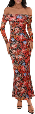 MEROKEETY Women's Off Shoulder Floral Maxi Dress - Elegant Bodycon