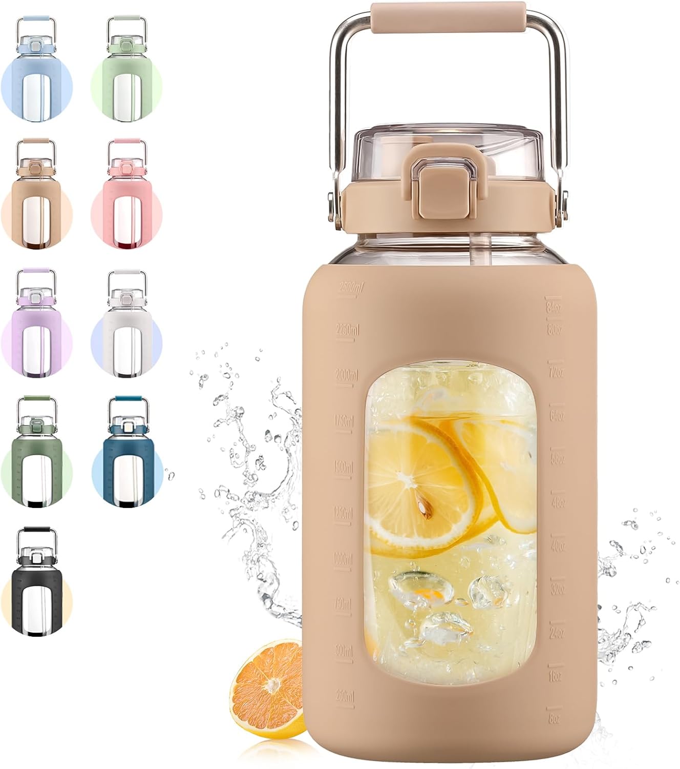 84oz Glass Water Bottle with Stainless Steel Handle for Hydration