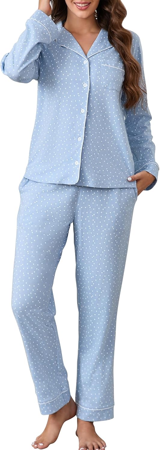 LUBOT 100% Cotton Pajamas for Women Soft Button-Down Set