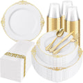 Hioasis 350pcs White and Gold Plastic Plates Set - Elegant Disposable