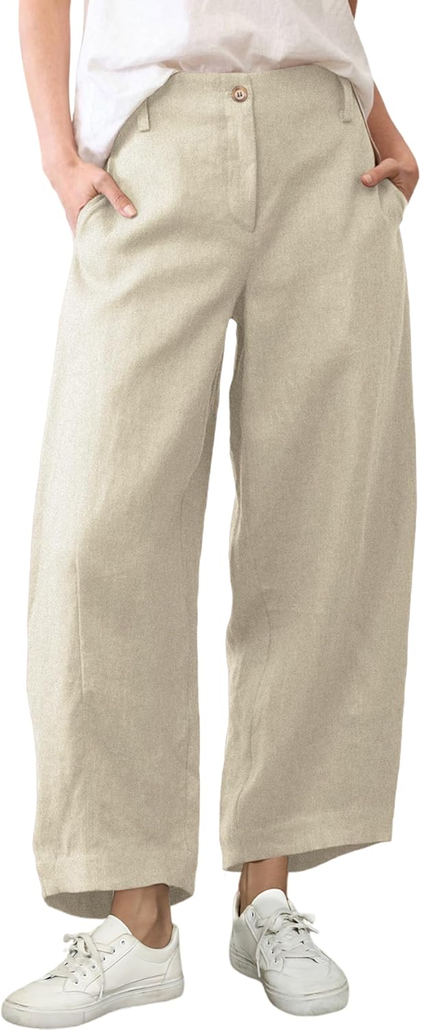 Tanming Womens Linen Pants Casual Capri Baggy Wide Leg Trousers