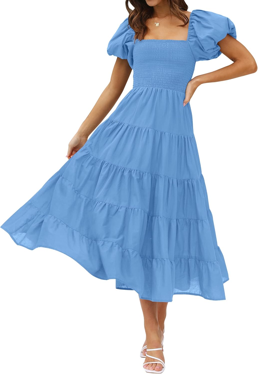 ZESICA Women's Summer Square Neck Puff Sleeve Midi Dress