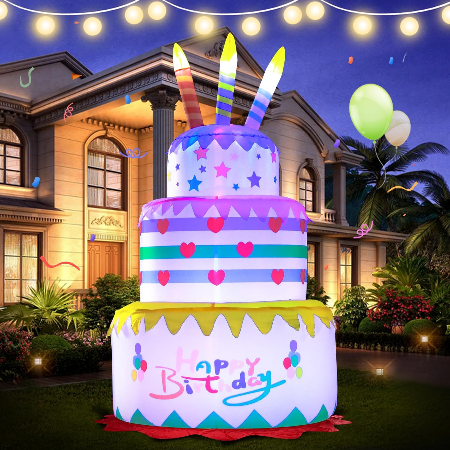 6FT Inflatables Birthday Cake with LED Lights for Parties