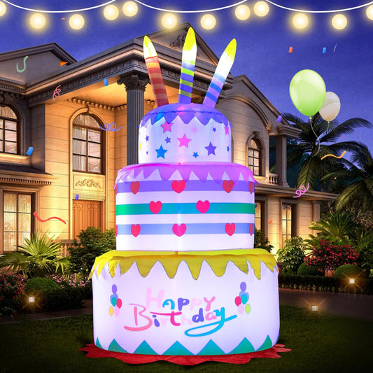 6FT Inflatables Birthday Cake with LED Lights for Parties