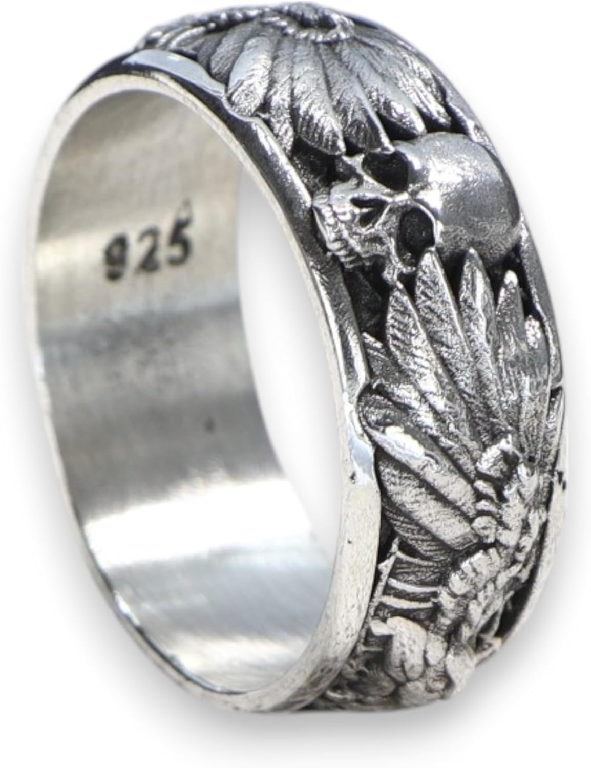 Handmade Raven and Skull Band Ring in 925 Sterling Silver