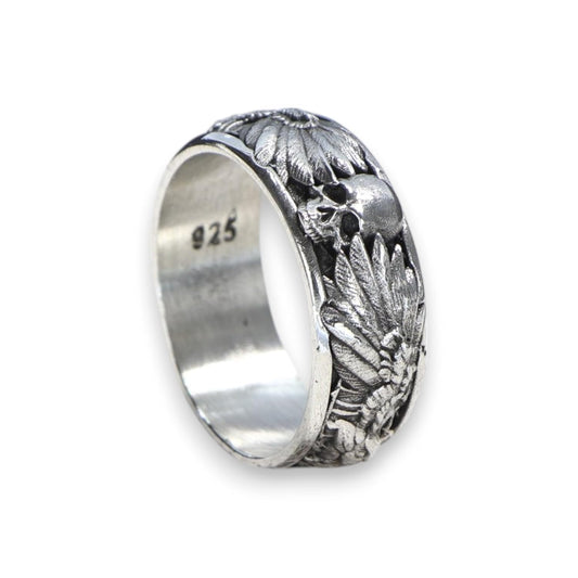 Handmade Raven and Skull Band Ring in 925 Sterling Silver
