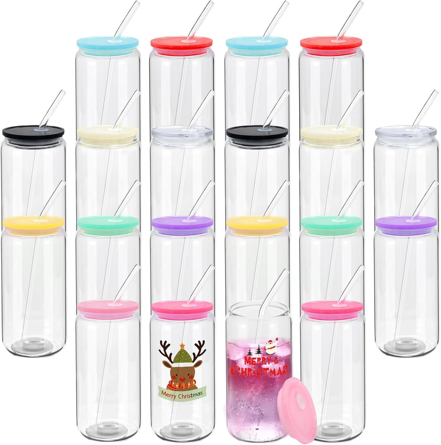 20 Pack Sublimation Glass Cups with Lids and Straws for DIY Gifts