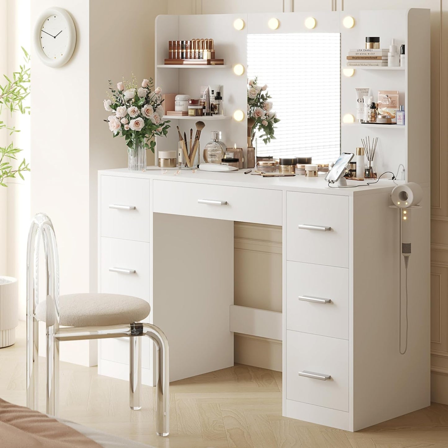 YESHOMY Vanity Desk with 10 Lights, Power Outlet, 3 Color Modes