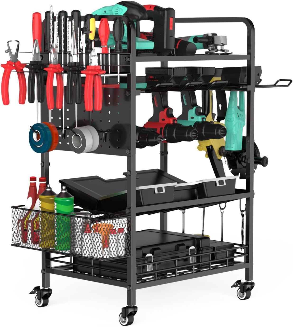 Rolling Power Tool Organizer - Heavy Duty Metal Shelving