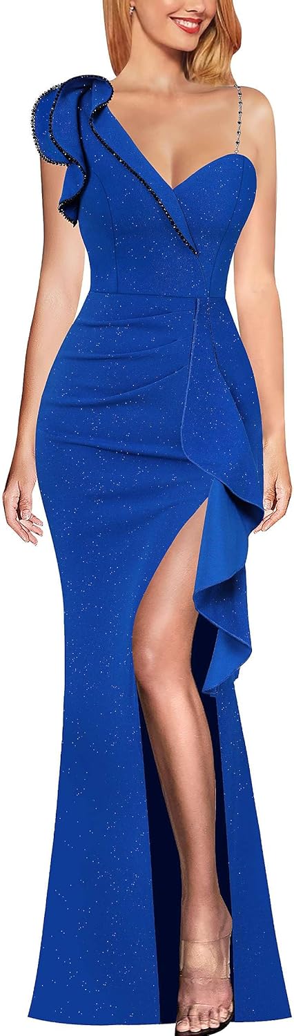 Elegant Ruffle One Shoulder Beaded Strap Maxi Dress for Women