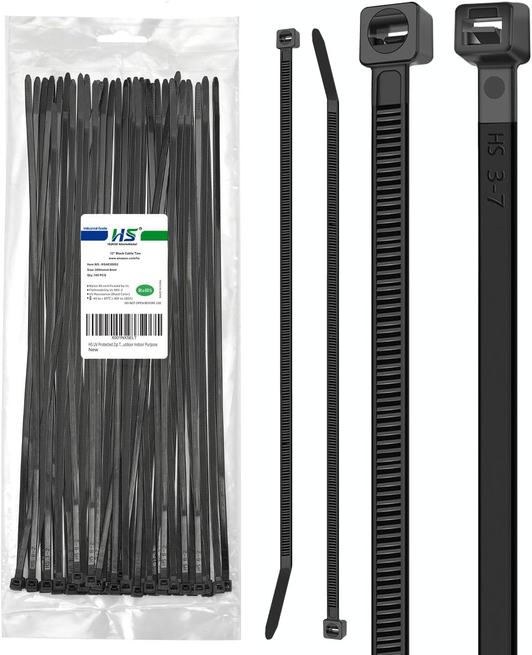 HS 12 Inch UV Protected Zip Ties (100 Pack) - Strong Self Locking Cable Ties Indoor/Outdoor