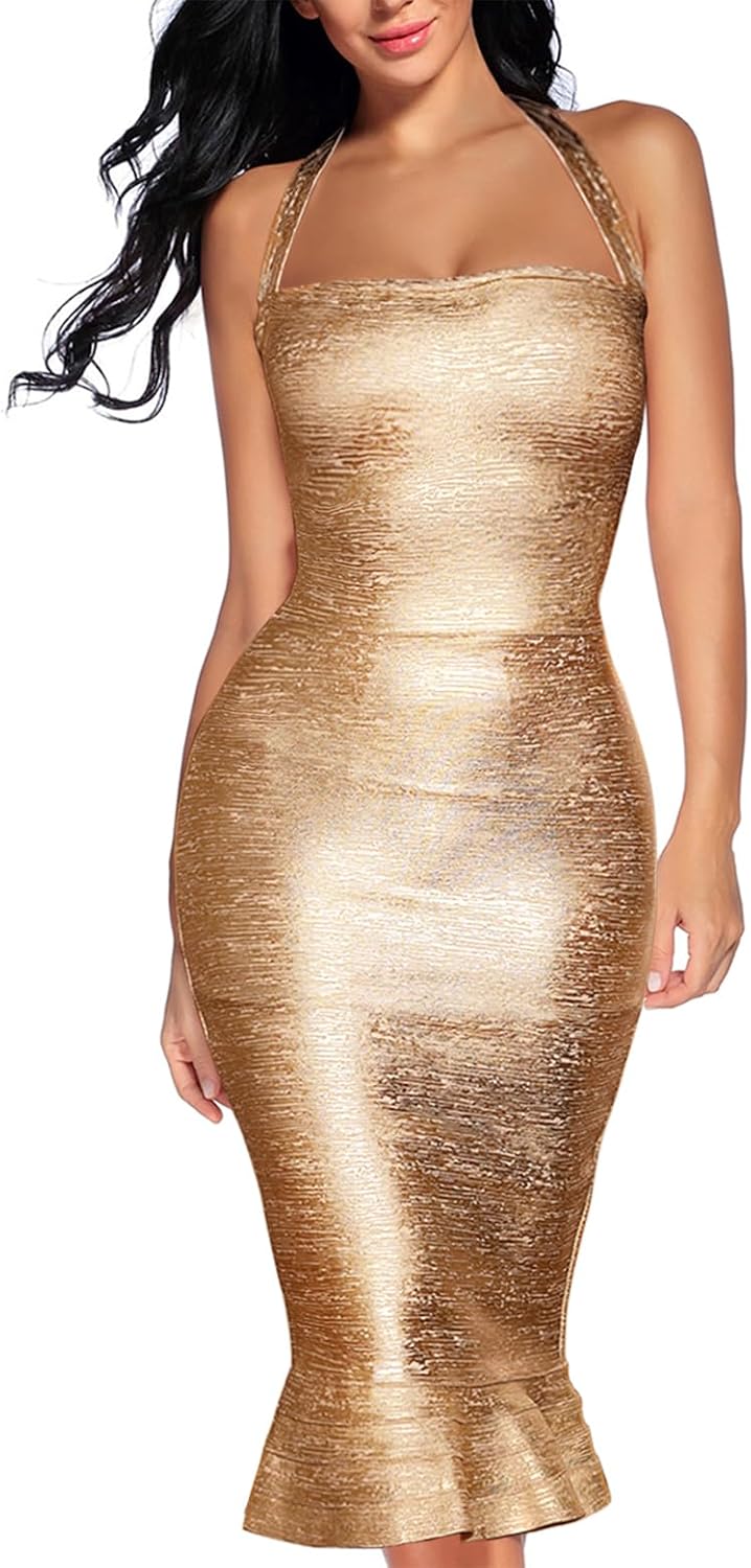 Houstil Women's V Neck Halter Fishtail Bandage Bodycon Dress